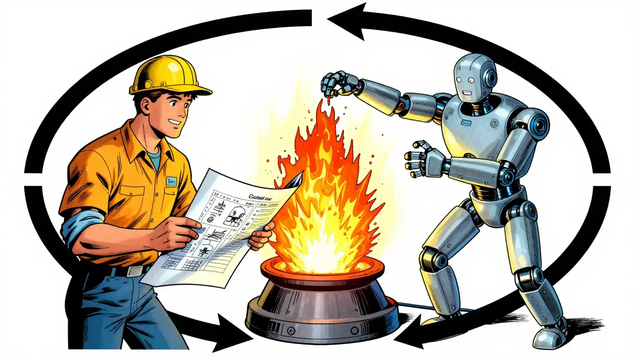 Engineer and robot collaborate in a continuous feedback loop cycle