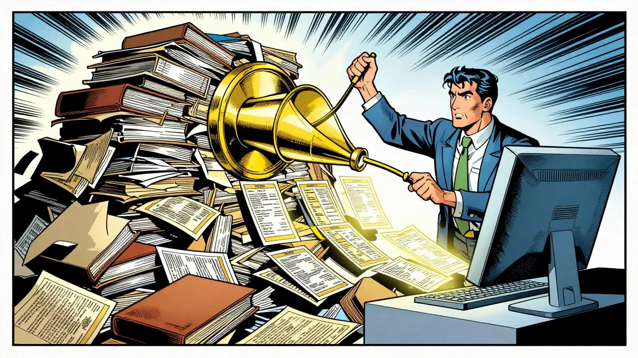 Engineer filtering messy files into neat summaries via magic funnel