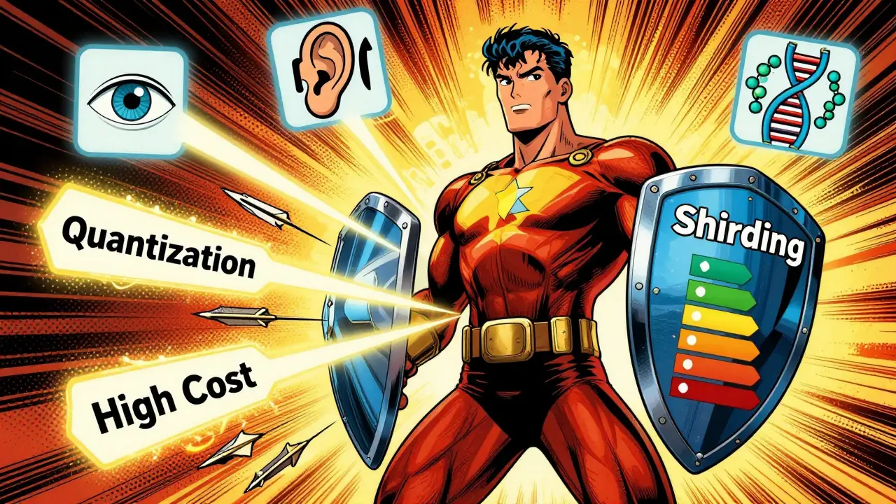 Golden age comic illustrates AI efficiency gains through quantization and multimodal data processing.