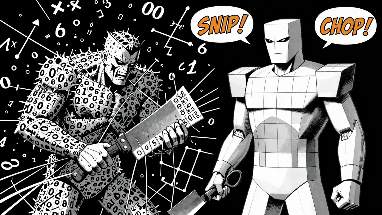 Golden age comic illustrating structured vs unstructured pruning methods cutting neural networks.