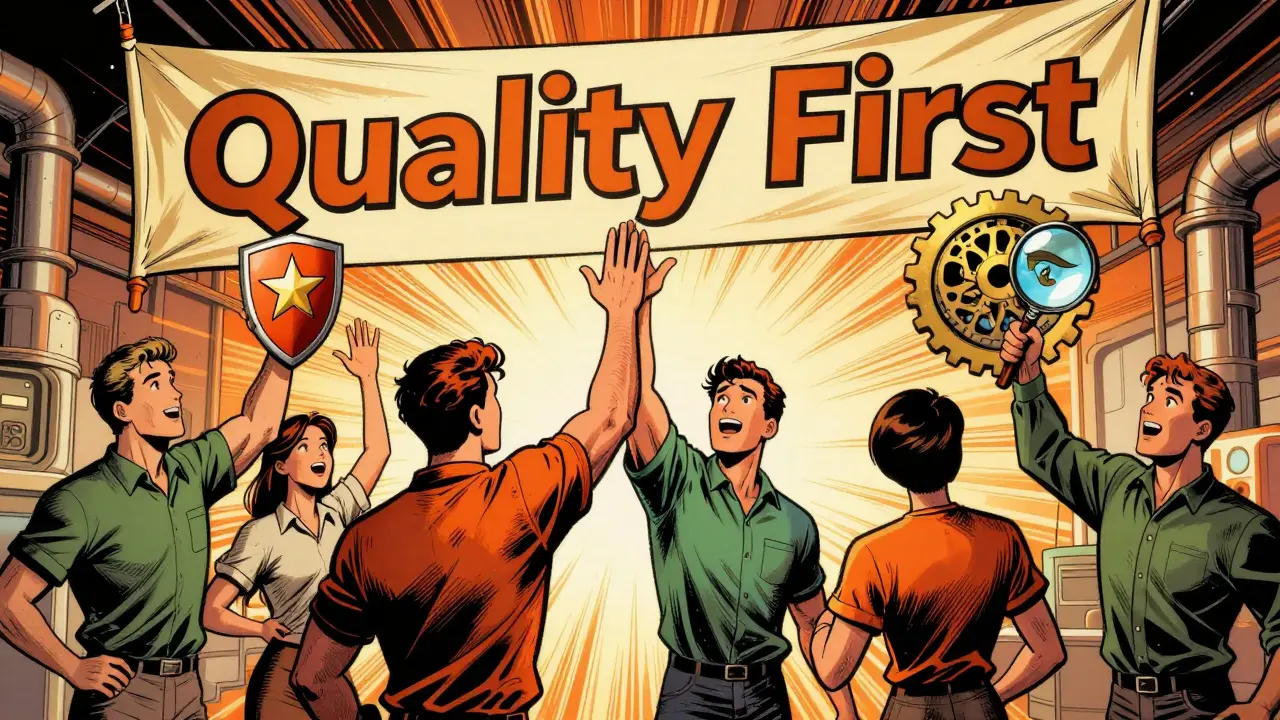 Golden age comic illustration of developers celebrating successful code reviews and quality incentives.