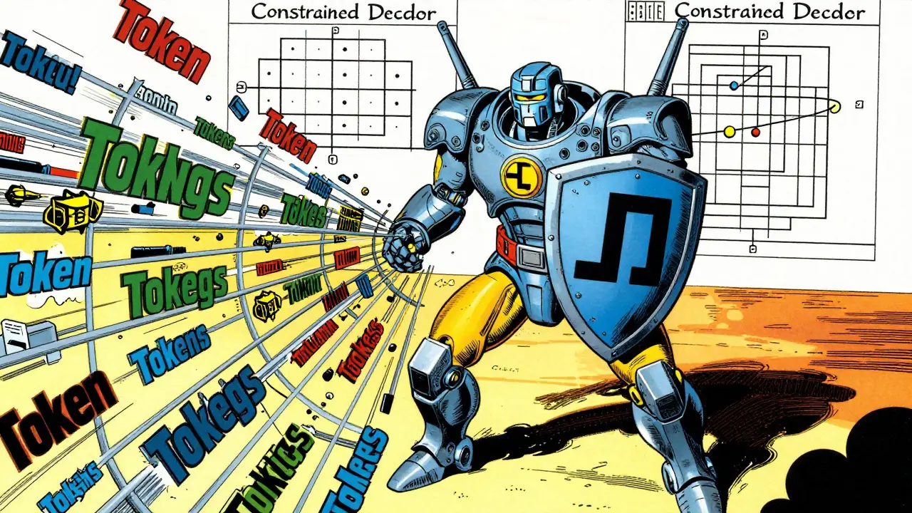 Heroic decoder machine filtering tokens in vintage comic art