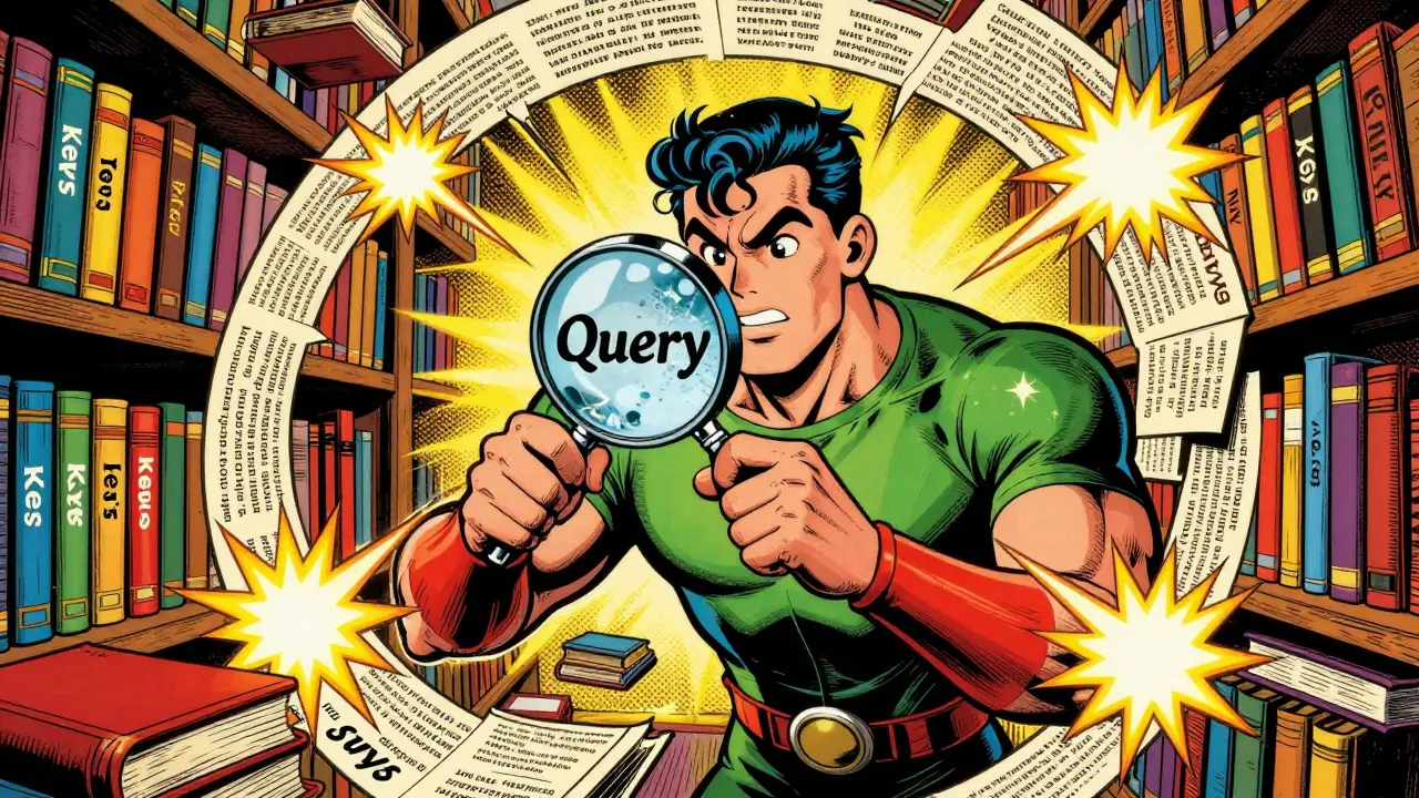 Heroic figure using magnifying glass on library books in vintage comic art