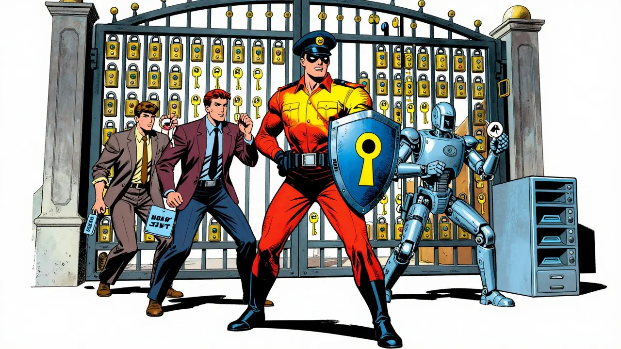 Heroic guard blocking users and agents at a digital gate with authentication tokens in retro comic art.