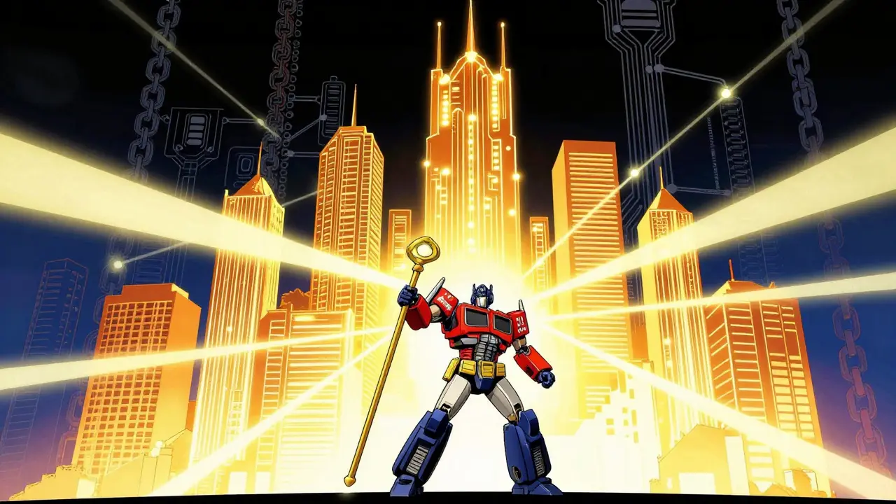 Heroic transformer node connecting distant data points in a neural network.