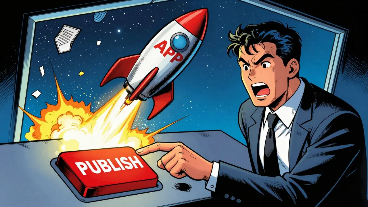 Manager launches app like a rocket ship in dynamic vintage comic illustration