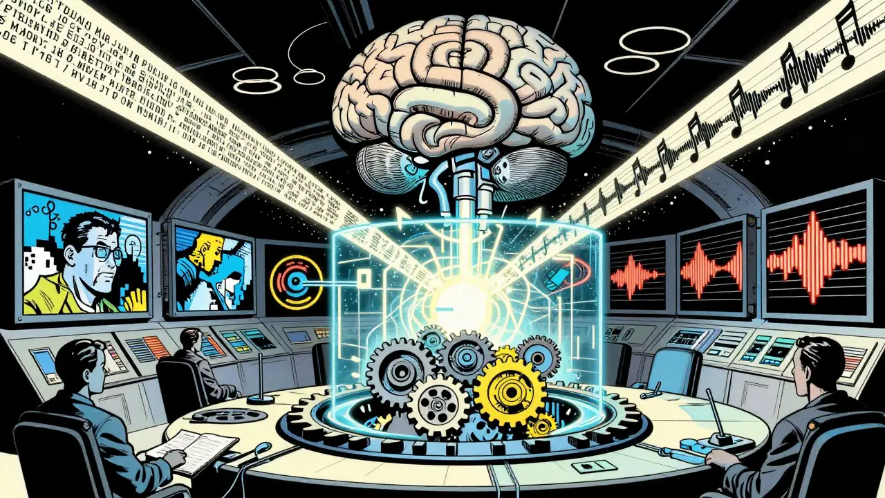 Mechanical brain fusing text, image, and audio streams into unified AI data.