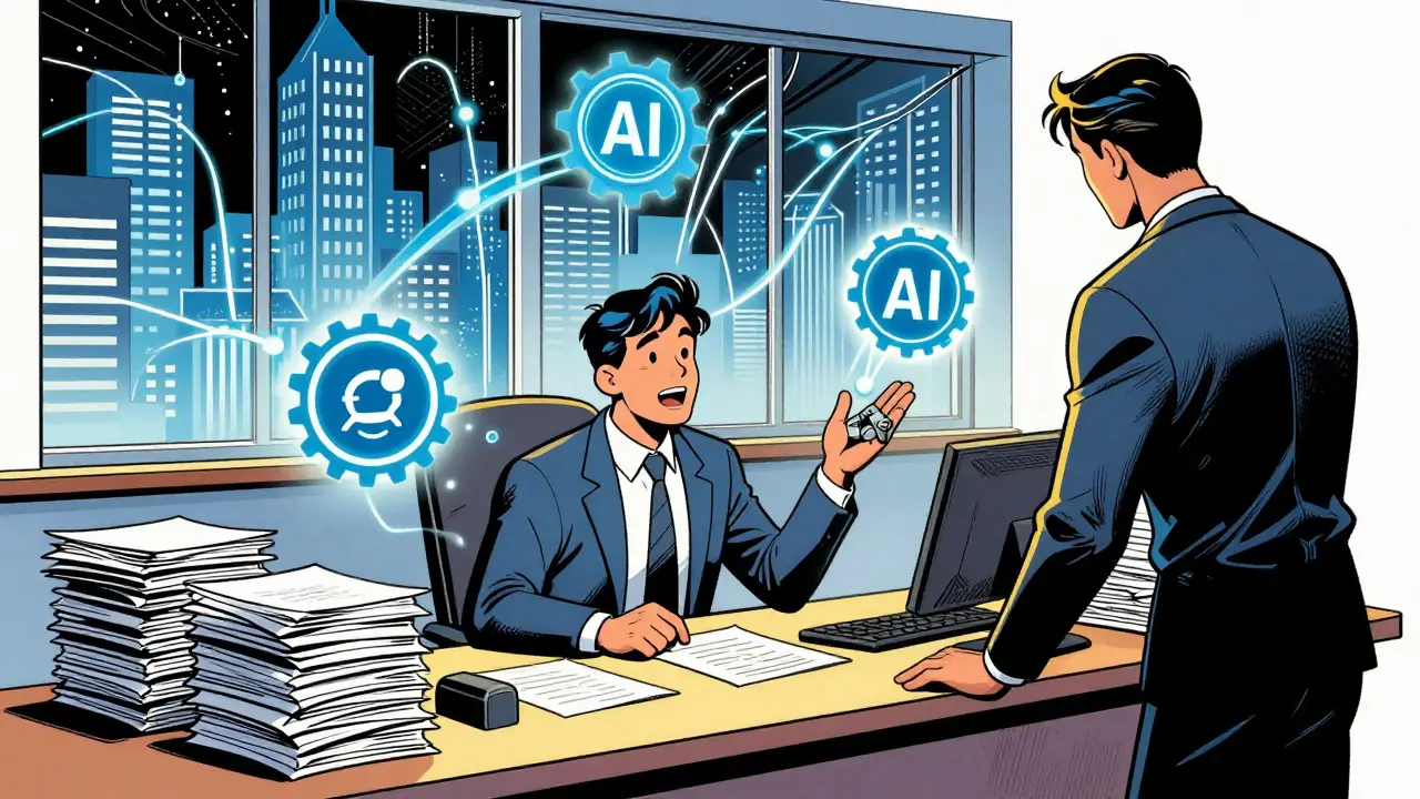 Recruiter aided by AI icons organizing files in a dynamic comic book illustration.