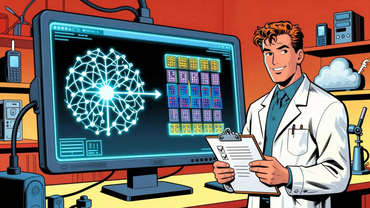 Retro comic style scientist using hybrid pruning and quantization to optimize AI models.