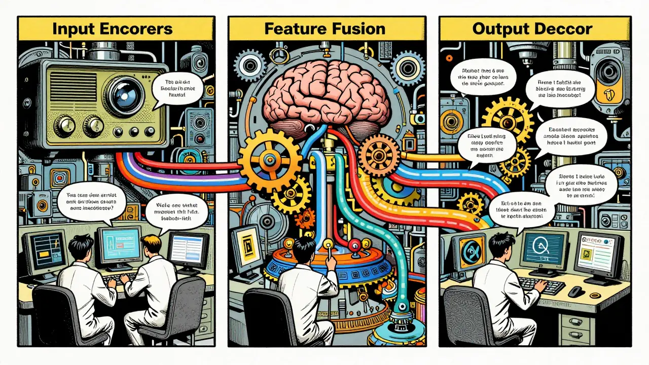 Retro control room visualizing AI multimodal data fusion