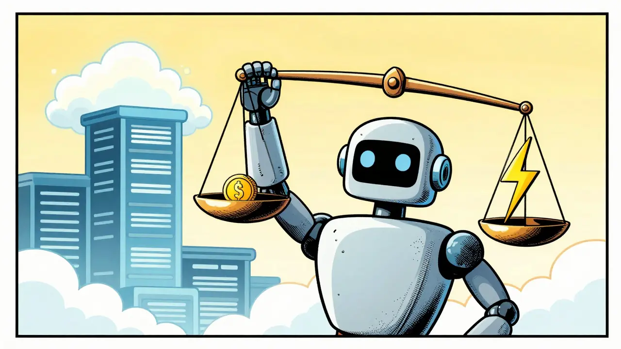 Robot balancing cost and speed in a vintage comic illustration