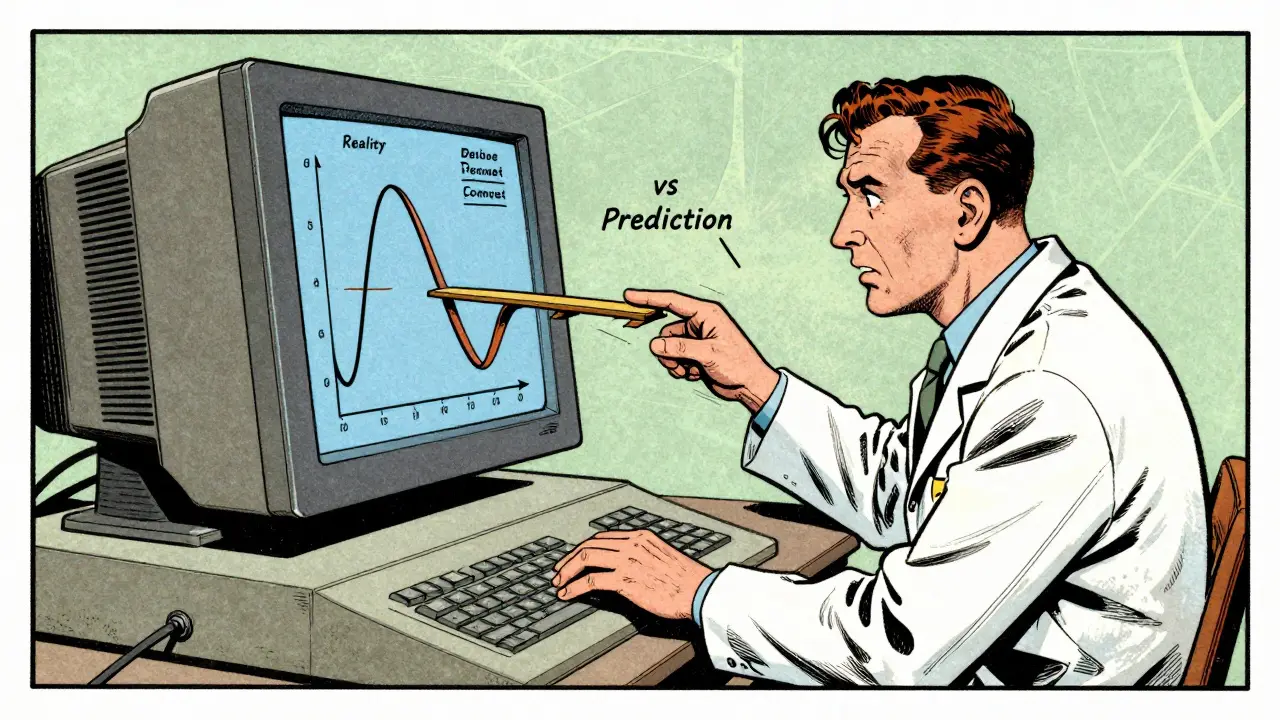 Scientist analyzing a wobbly probability bridge between prediction and reality