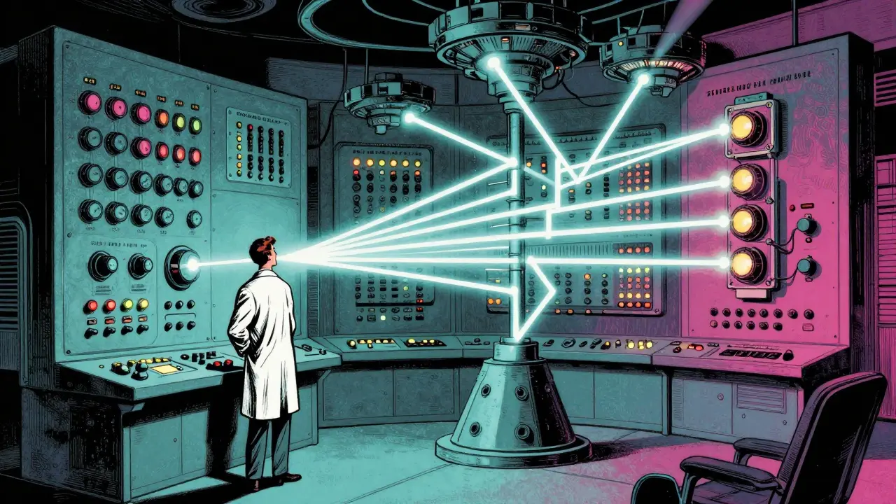 Scientist observing branching light trees from an analog computer console