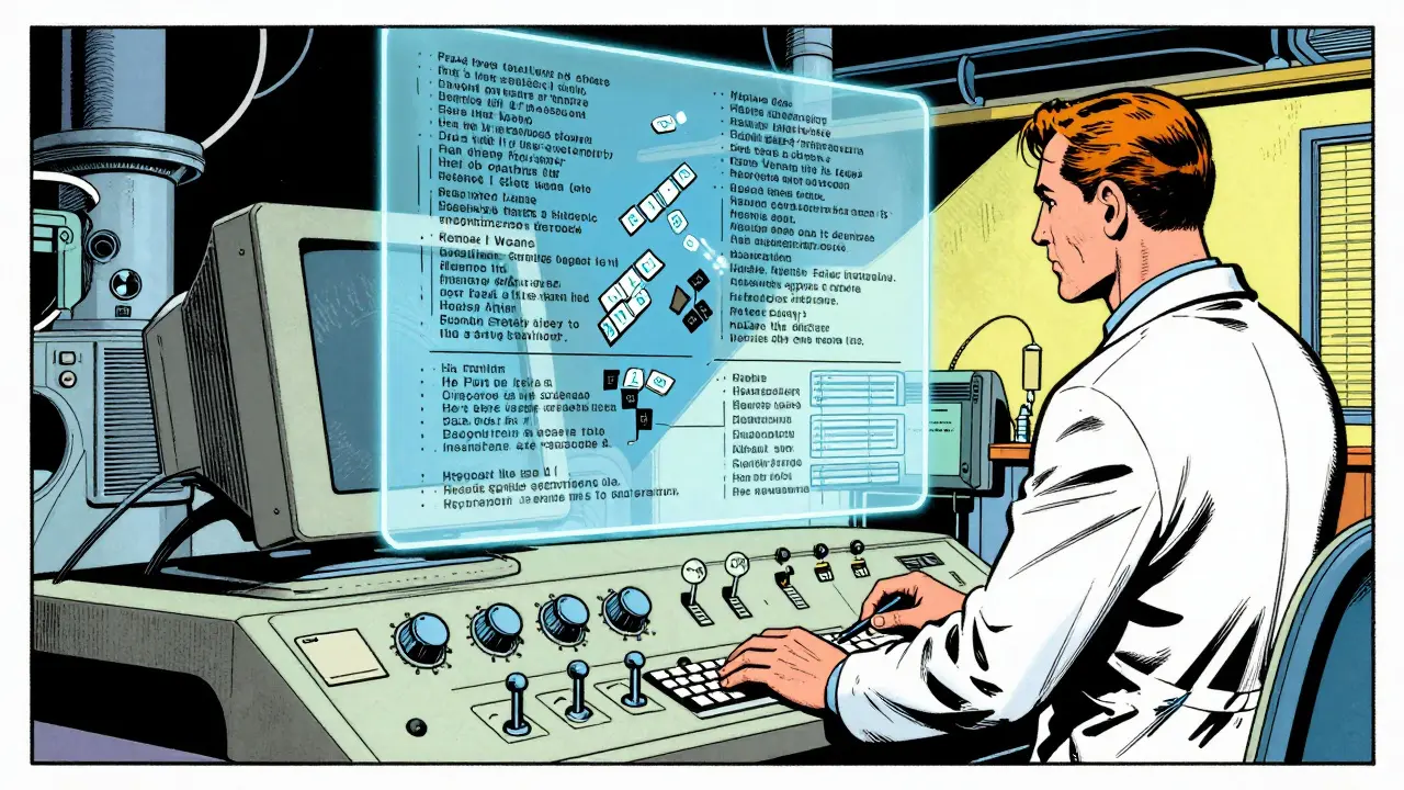 Scientist optimizing complex terms into intact tokens on a vintage console