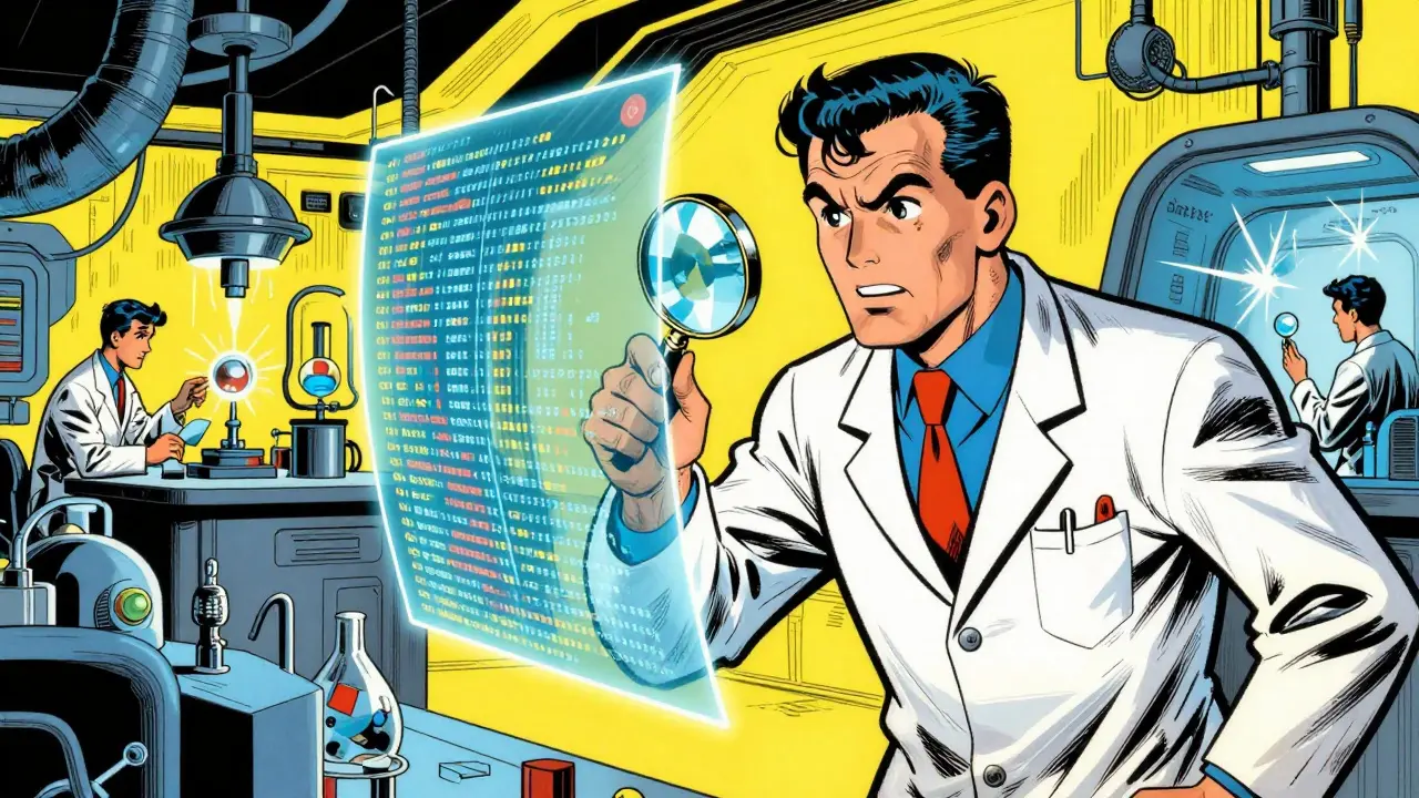 Scientists examining protected encrypted data streams in a golden age comic style lab.