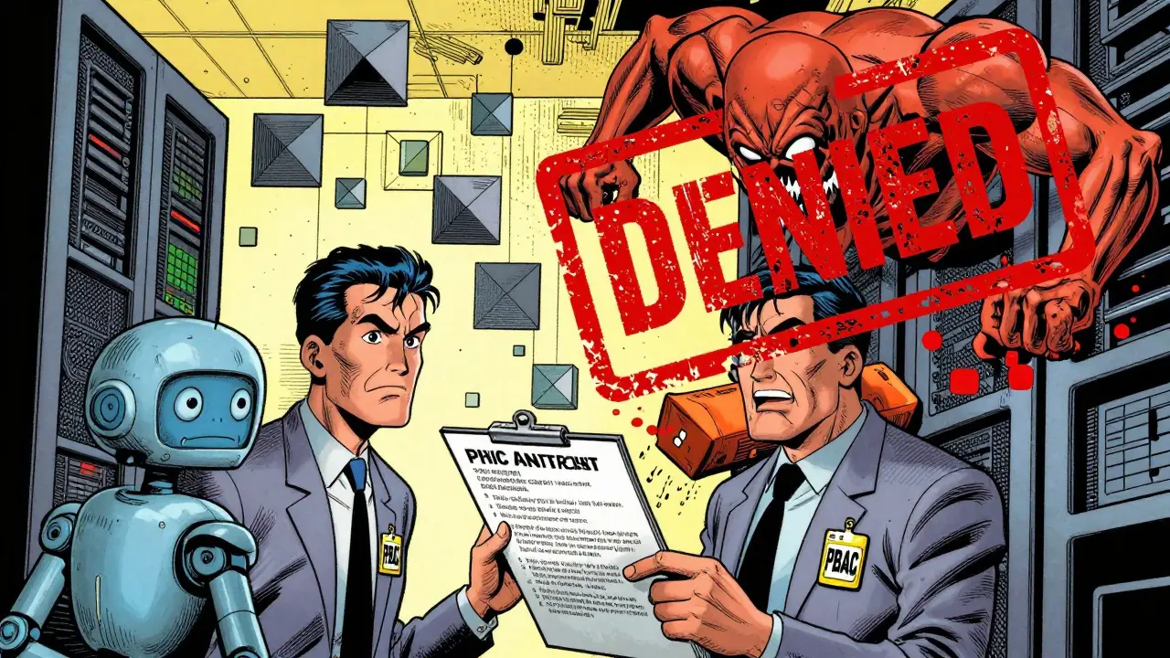 Security enforcer denying malicious data with PBAC rules in a chaotic server room, vintage comic style.