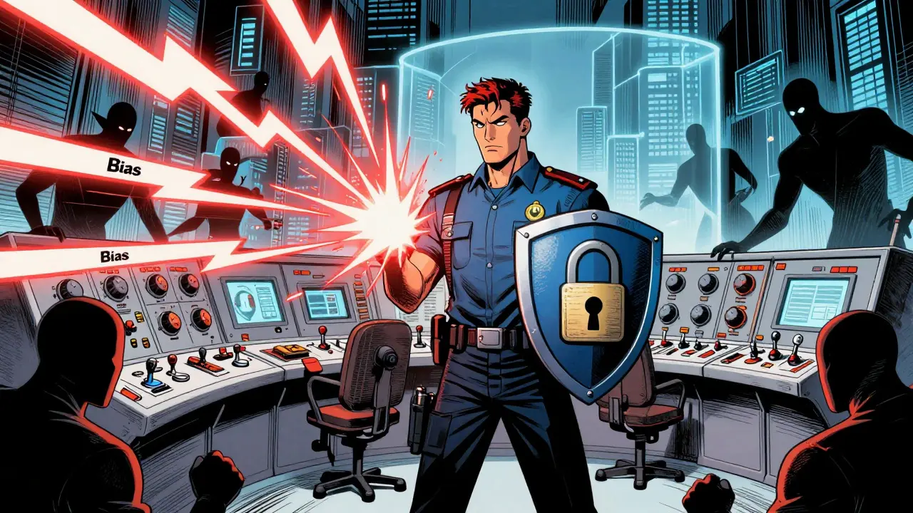 Security hero defending against data risks with policy shields in comic style.
