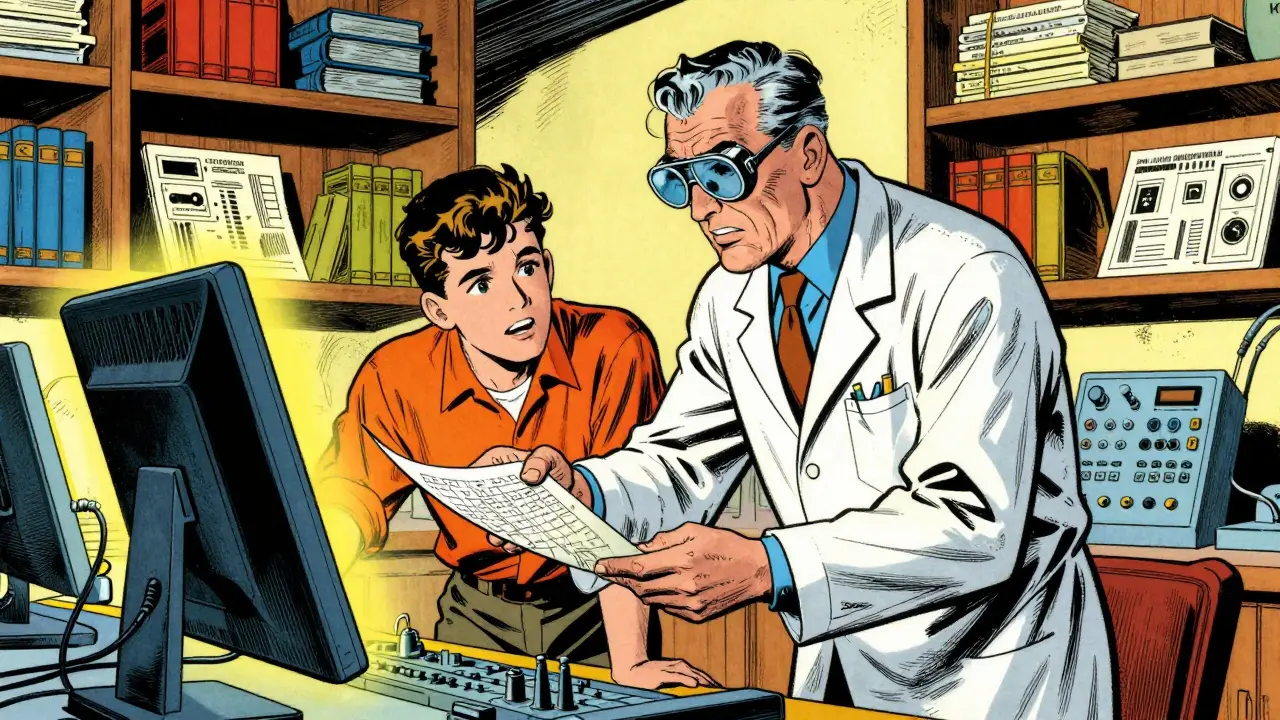 Senior engineer mentoring junior colleague on tech console in golden age comic art.