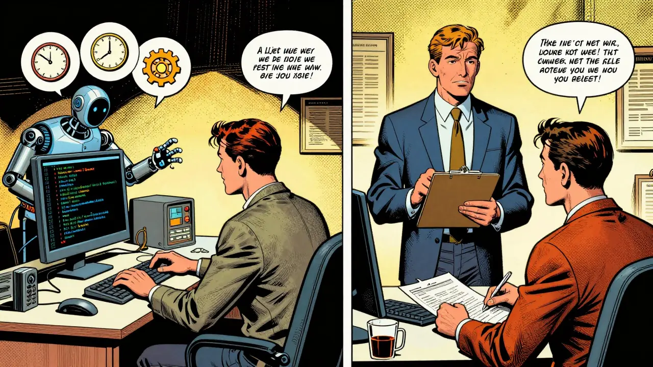 Split scene showing developer with robot and manager interviewing staff in retro comic art.