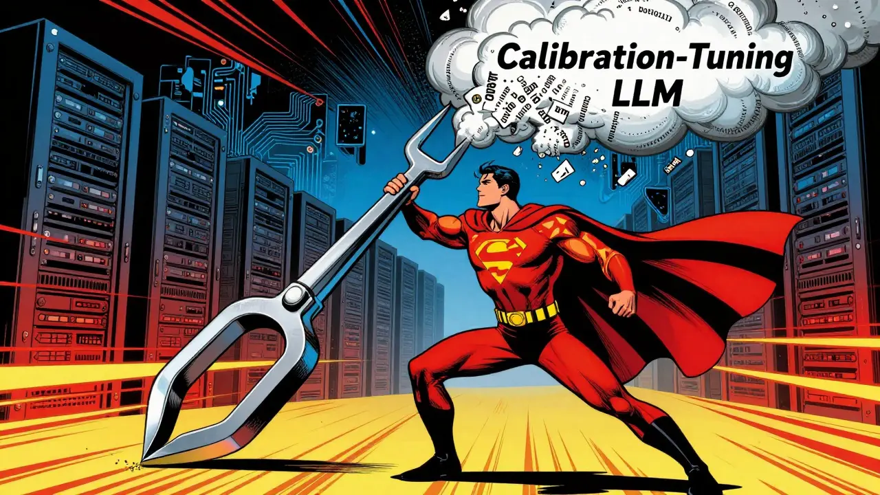 Superhero adjusting chaotic text clouds with a tuning fork, representing calibration