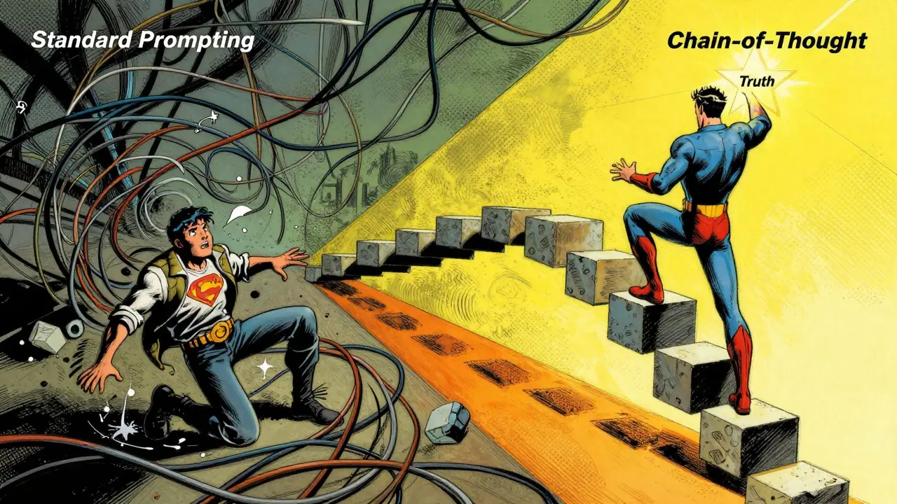 Superhero climbing logical steps versus chaotic wires in vintage comic art