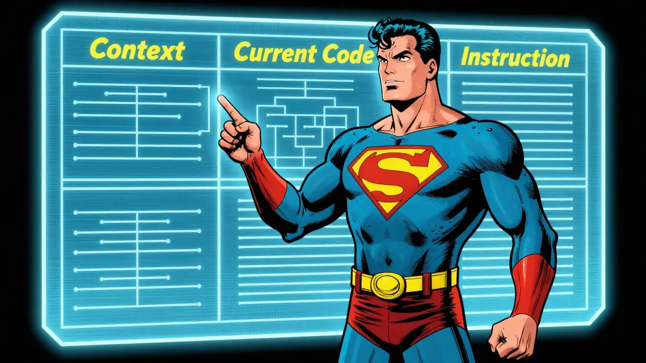 Superhero programmer using structured code specifications in vintage comic book art