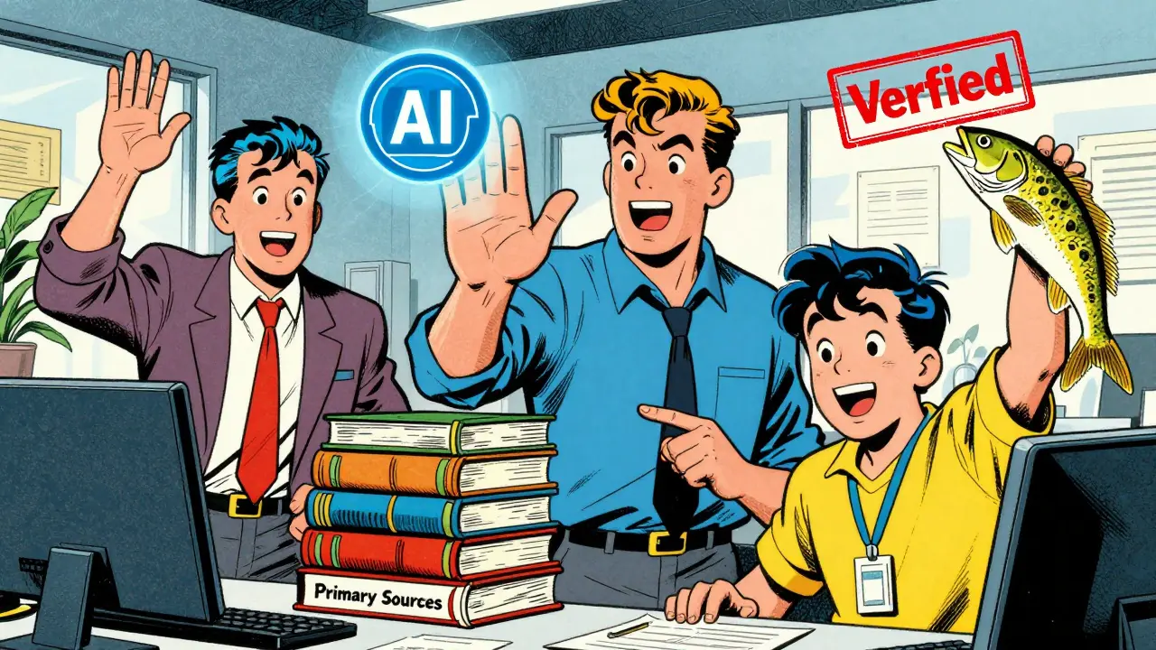 Team verifying AI output against books in Golden Age comic style