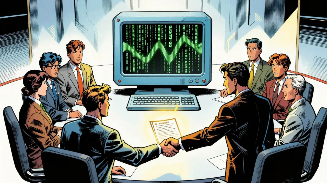 Teams shaking hands over glowing contract