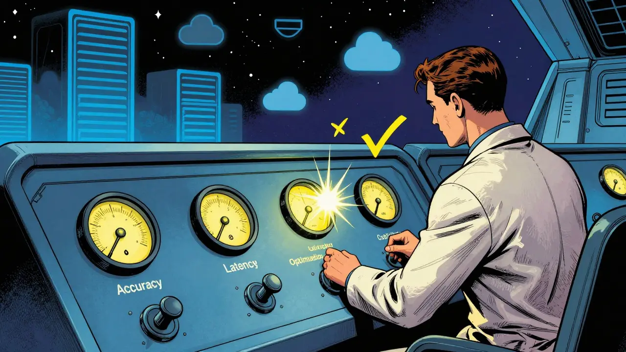 Technician optimizing AI metrics on a retro-futuristic control panel.