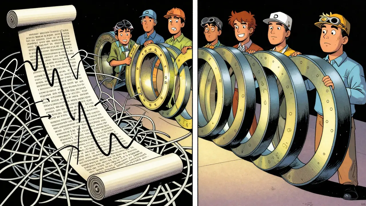 Vintage comic art shows engineers fixing chaotic sine waves with smooth rotary position embeddings.