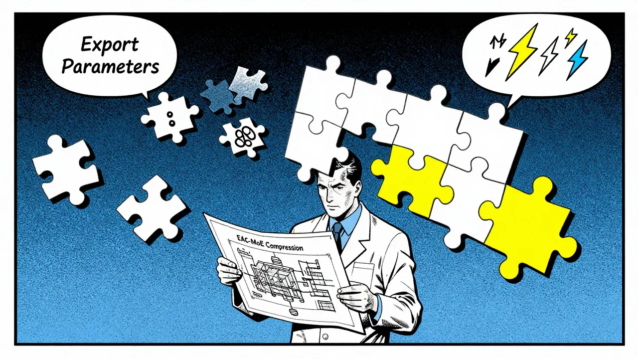 Vintage comic illustration of a scientist optimizing AI parameters using compression techniques.
