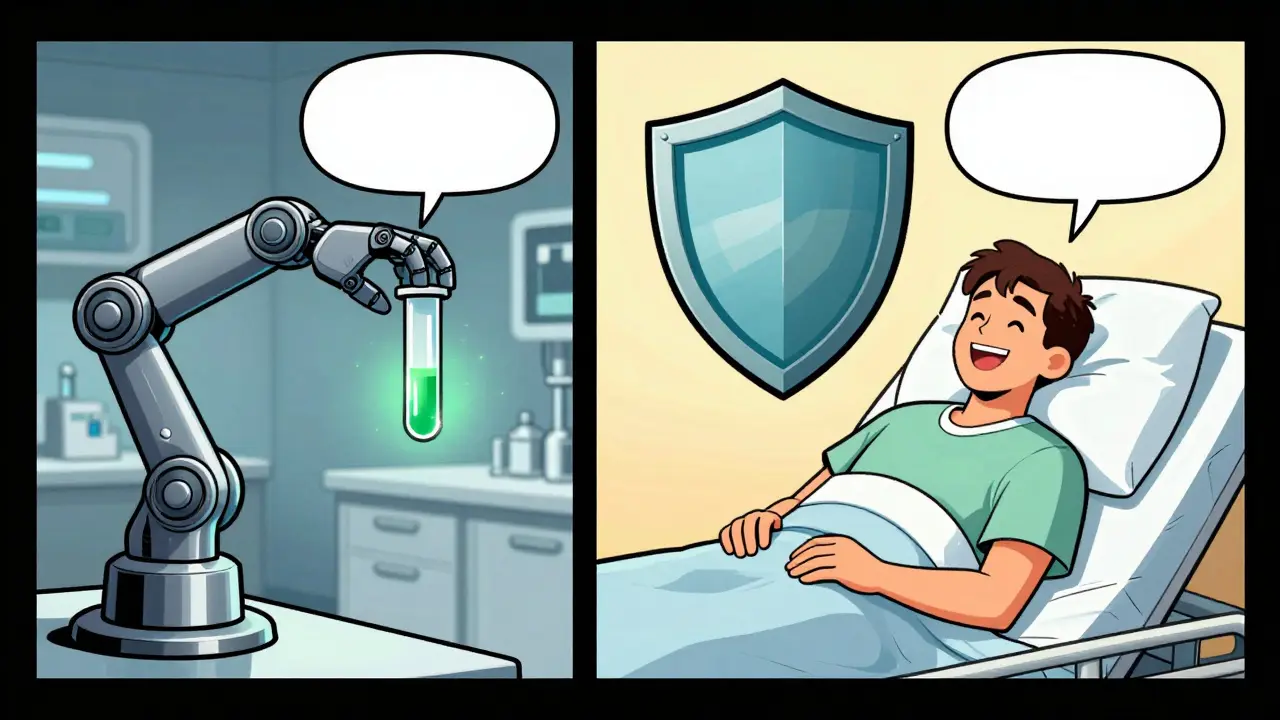 Vintage comic showing robot delivering medicine to happy patient