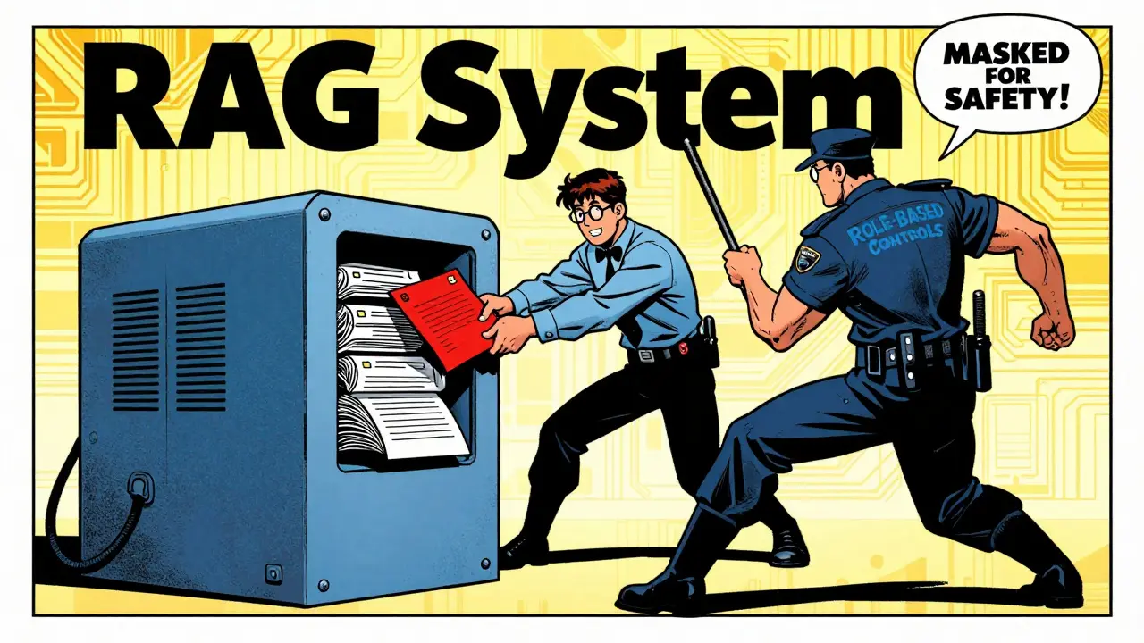 A dynamic comic panel illustrating a secure RAG system where documents are redacted and controlled by role-based security guards before reaching the AI.