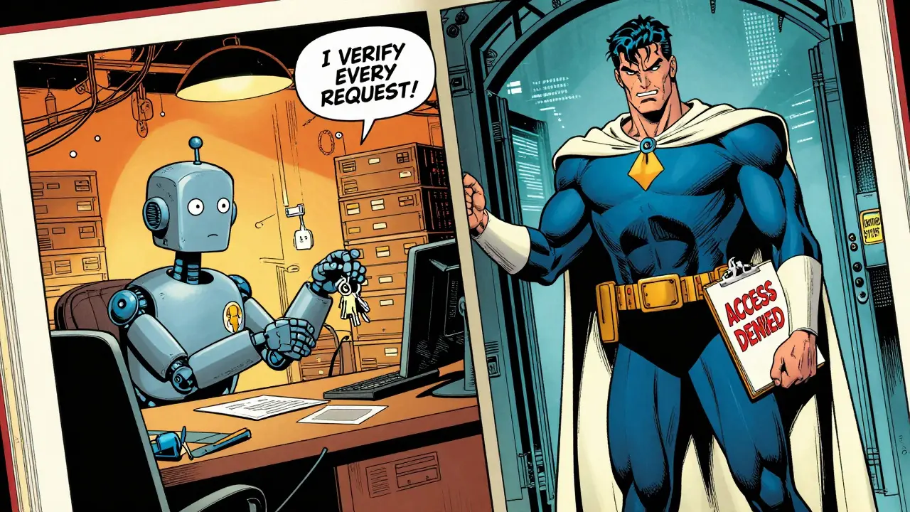 A Golden Age comic scene contrasting a vulnerable LLM intern with a heroic Sentinel System guardian enforcing strict access controls.
