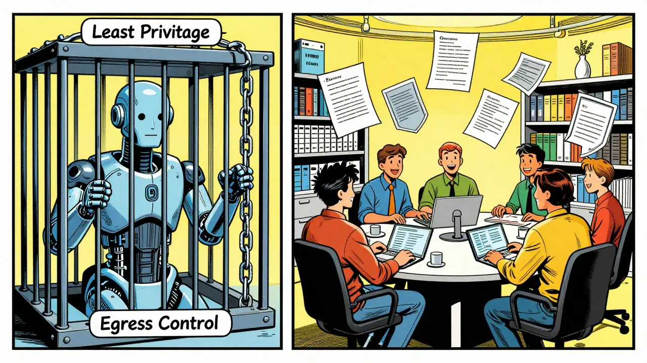 AI agent caged by security policies, developers working safely.