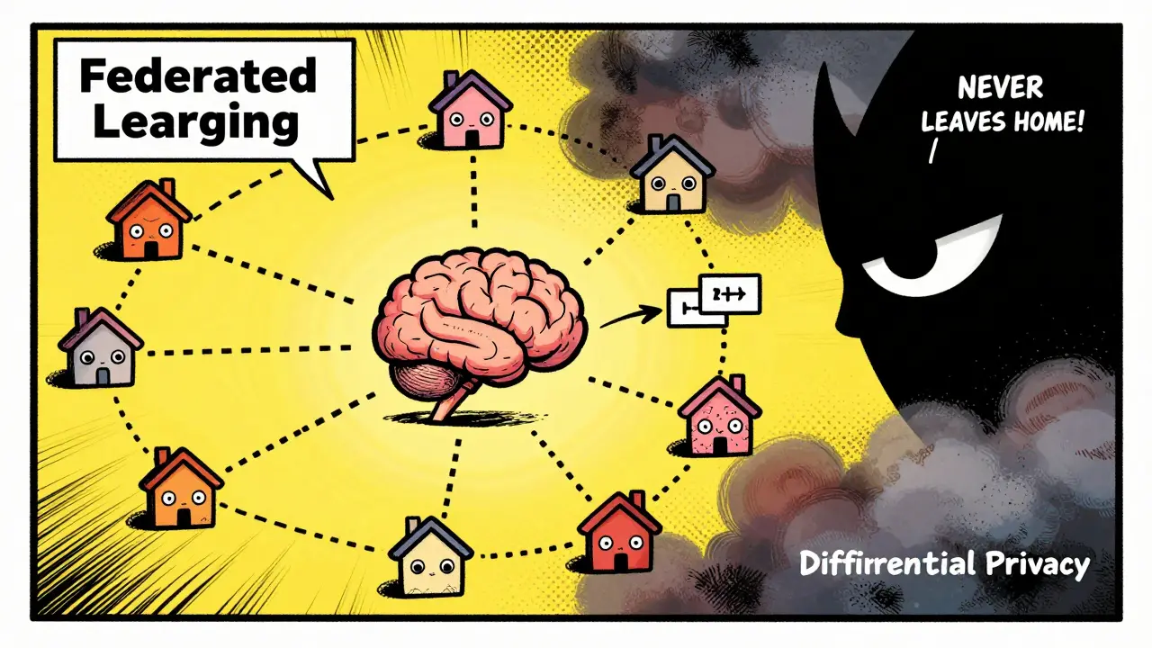 An abstract retro illustration depicting Federated Learning and Differential Privacy protecting decentralized data from prying eyes.