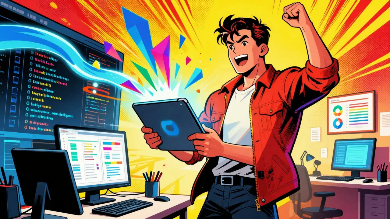 Analyst triumphantly using AI vibe coding to create floating dashboards in Golden Age comic art.