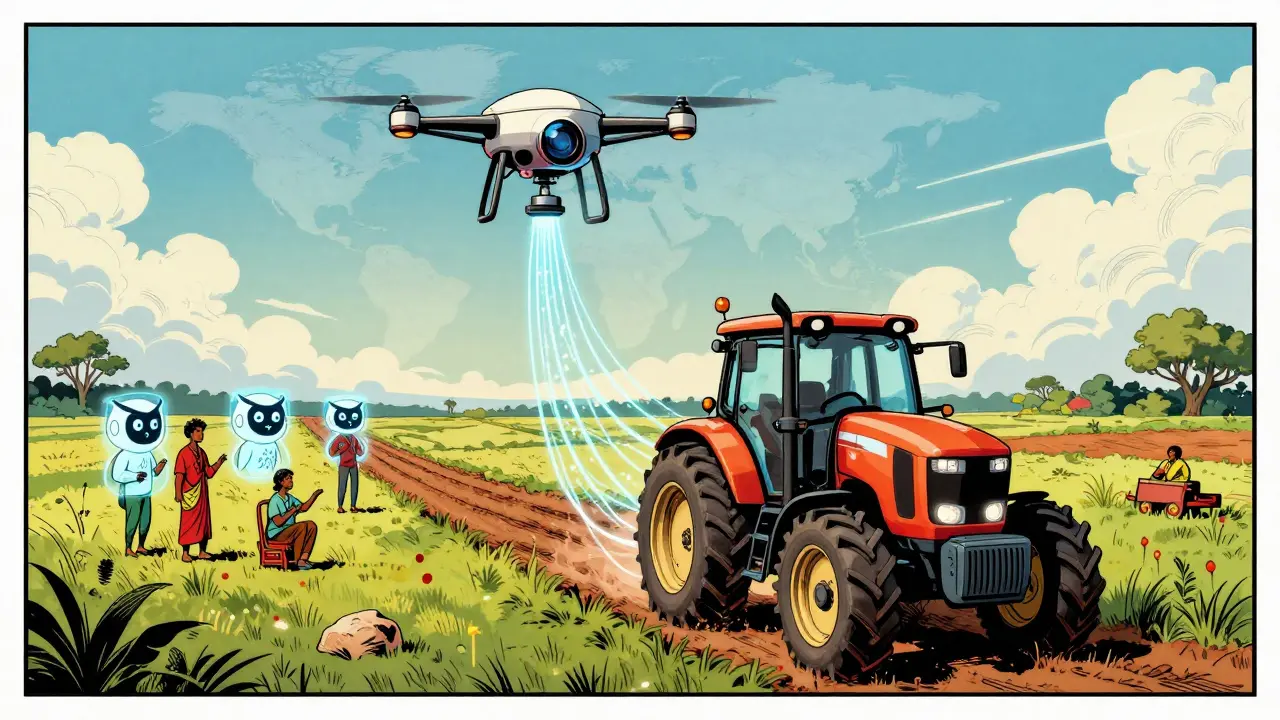 Autonomous tractor and drone connected by data streams on farm