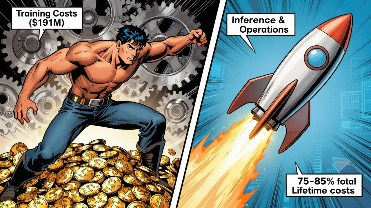 Comic art: Hero weighing training costs vs inference operations