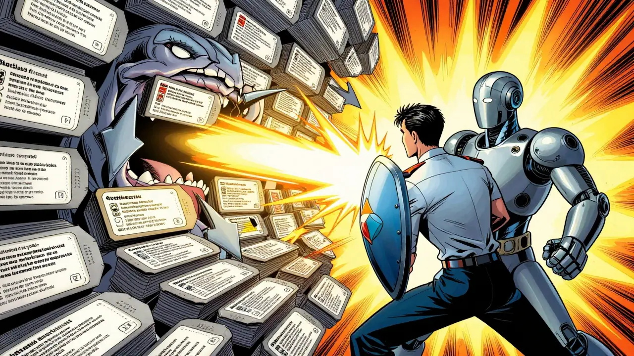 Comic art: Human and robot team fighting monster stack of support tickets