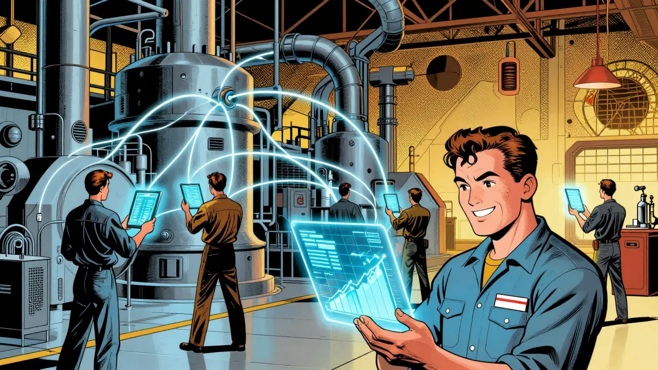 Comic art: Workers using AI-integrated tools in a futuristic factory setting