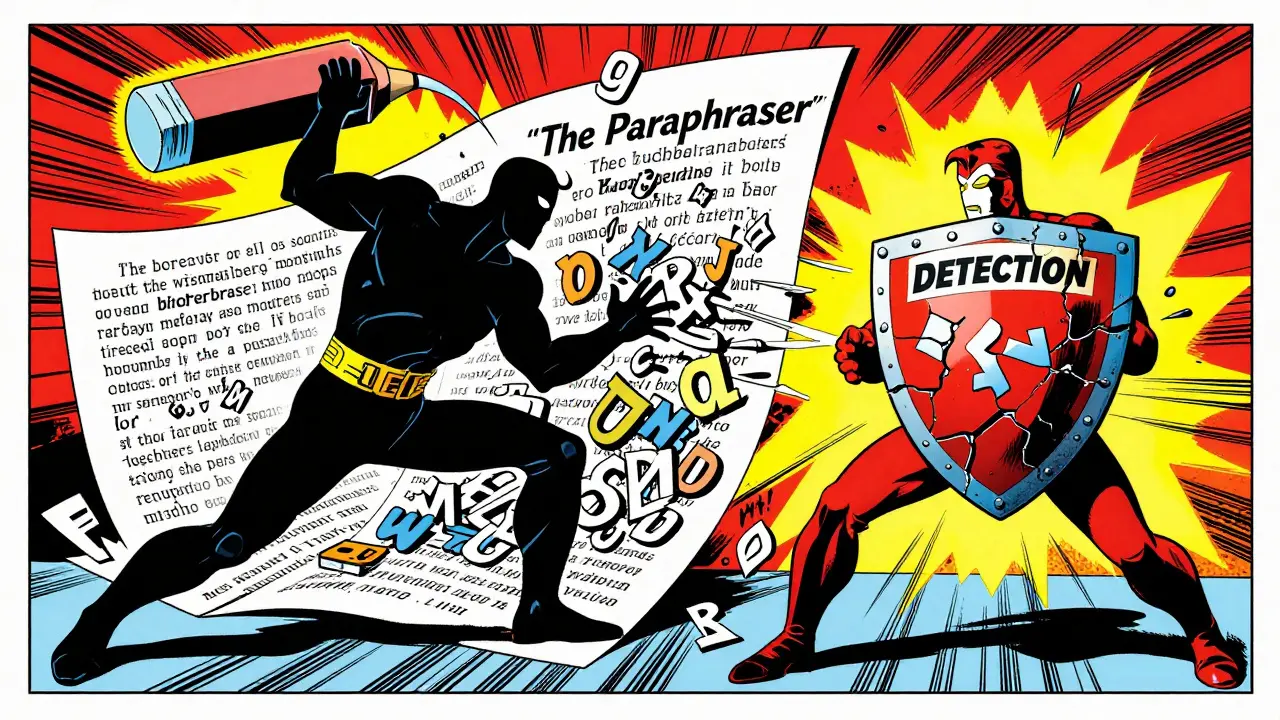 Comic battle showing paraphrasing destroying watermarks