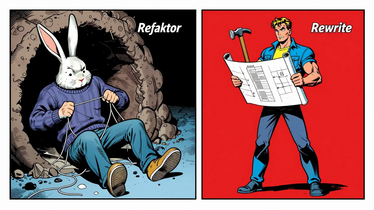 Comic illustration comparing refactoring struggles vs rewriting clarity