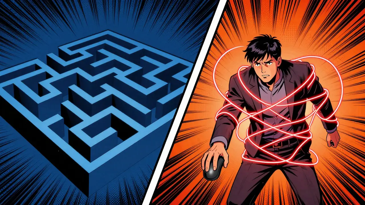 Comic illustration of adaptive AI traps tightening around a shopper.