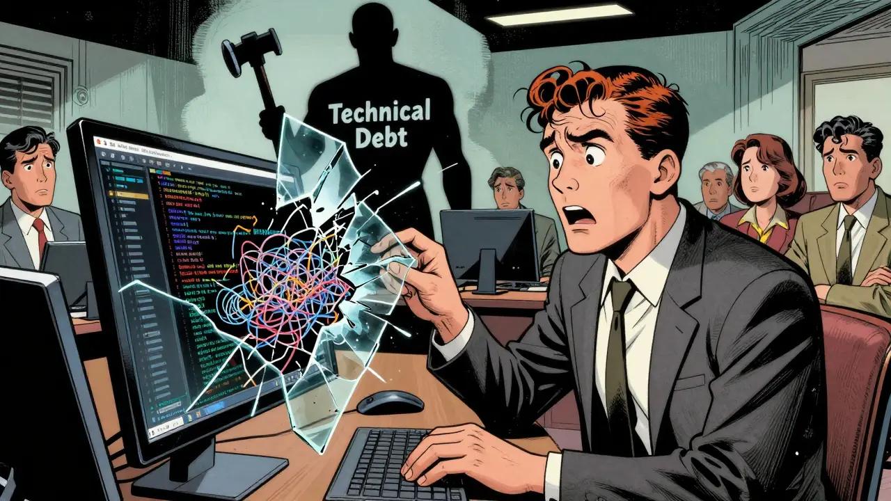 Dashboard crumbling under technical debt as analyst looks shocked in retro comic book illustration.