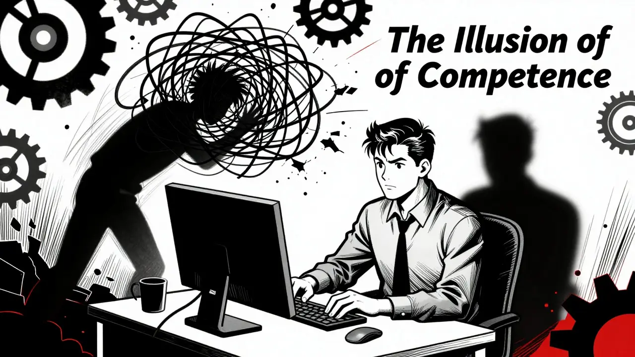 Developer's shadow shows confusion amidst code chaos in vintage comic art