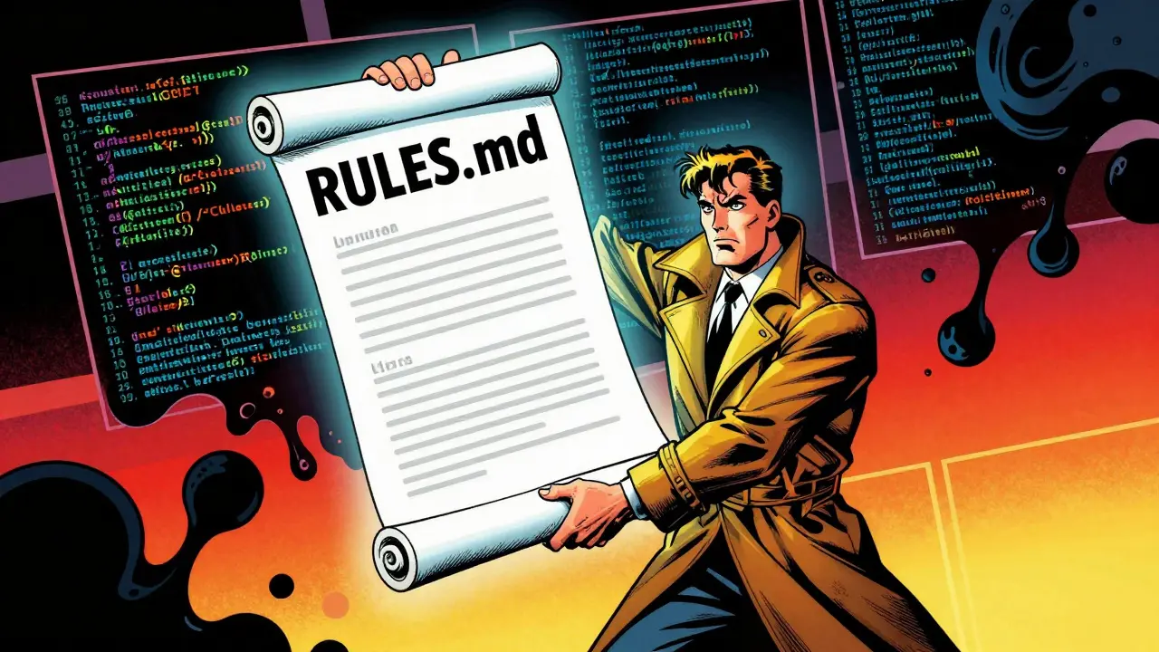 Developer using RULES.md as a shield against messy code