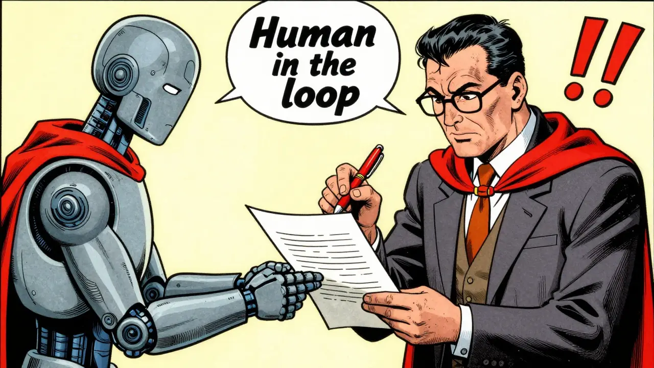 Educator edits AI-generated draft with a red pen, ensuring quality in vintage comic art.