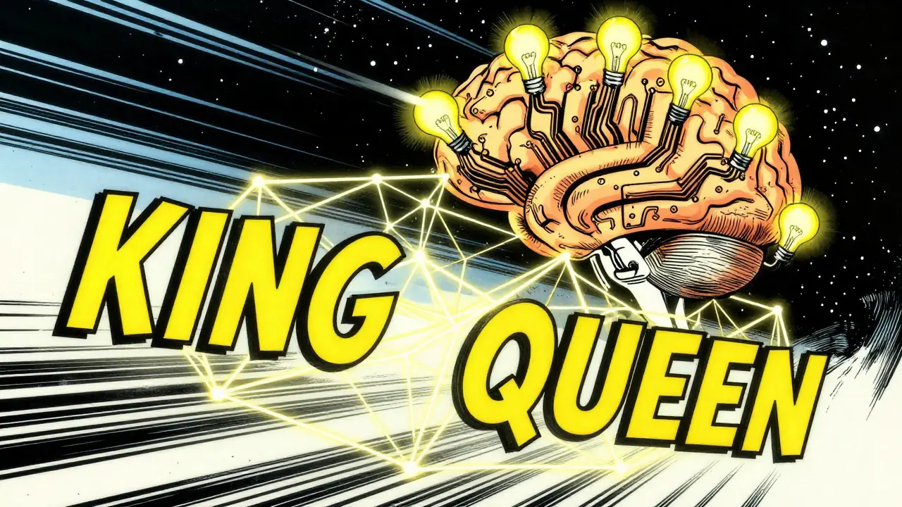 Floating words connected by glowing webs inside an abstract brain in retro comic art.