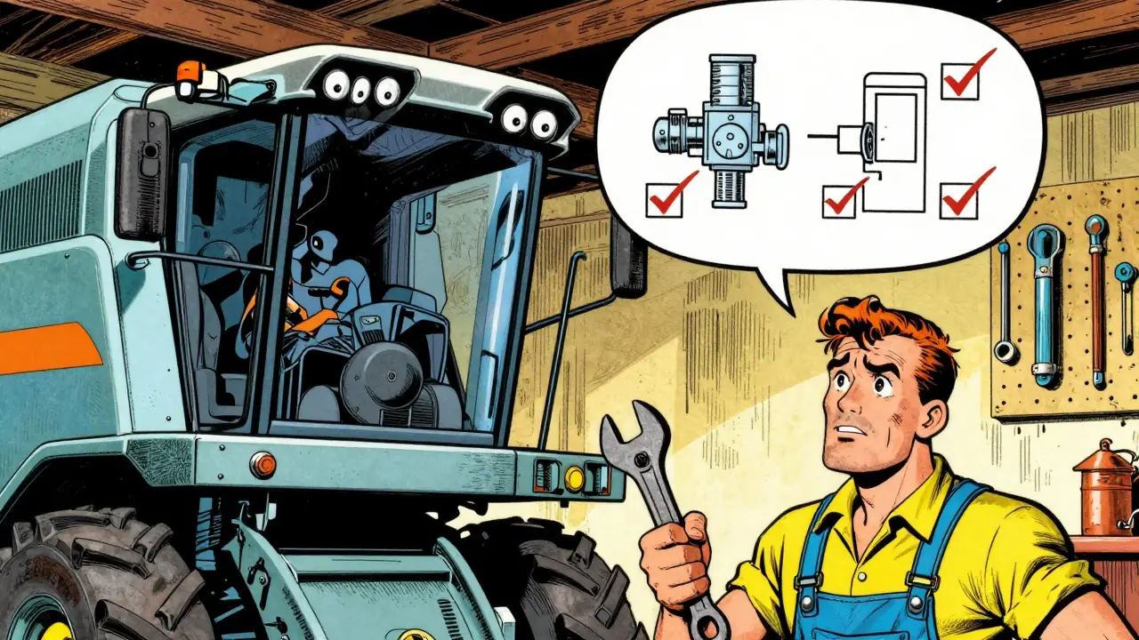 Friendly robot combine harvester explaining repairs to farmer